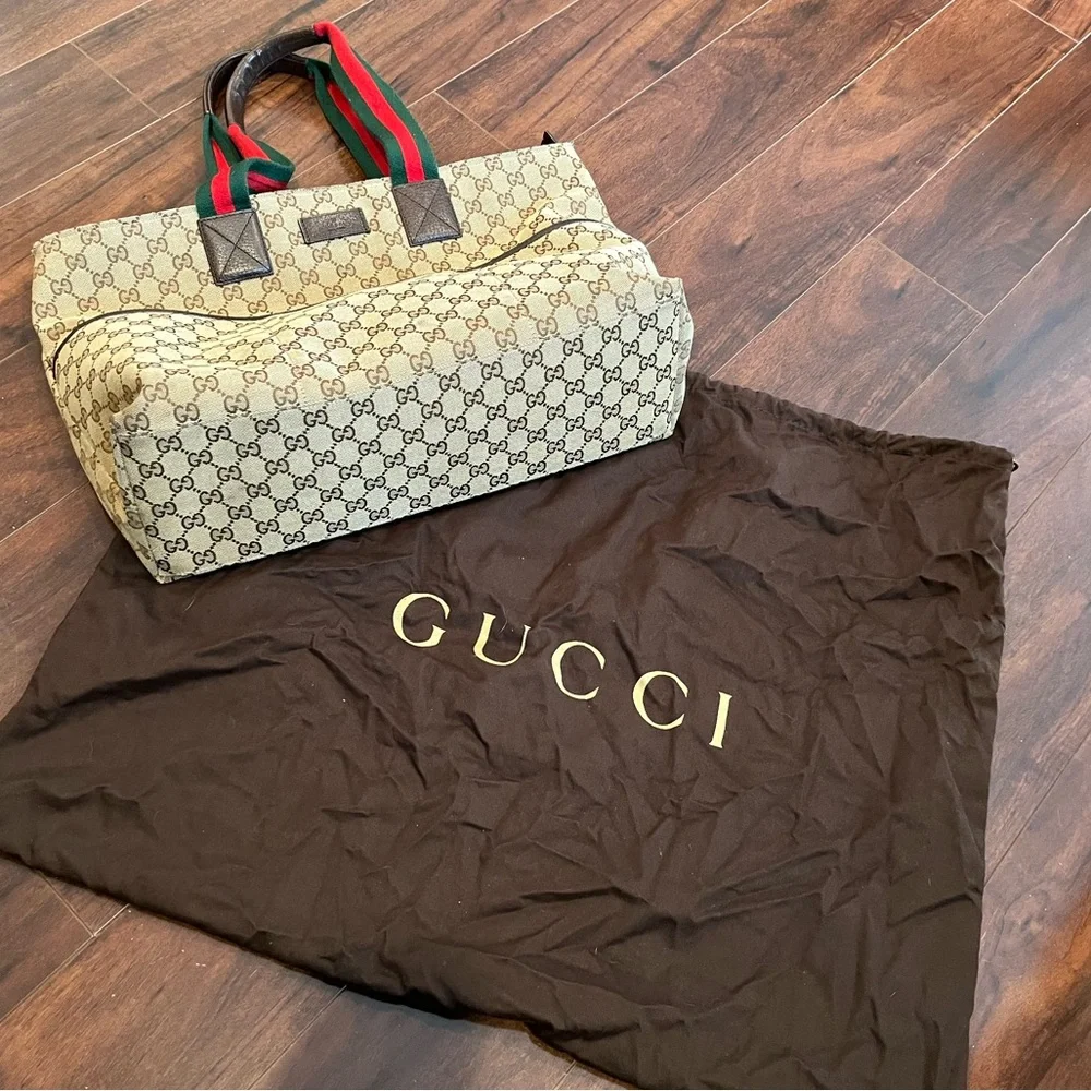 Authentic Gucci Web Canvas GG Diaper Bag Tote Handbag Red Green